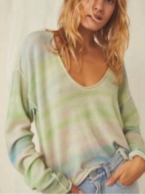 Free People Spacedye Always Cashmere V-Neck Sweater mint blue pink